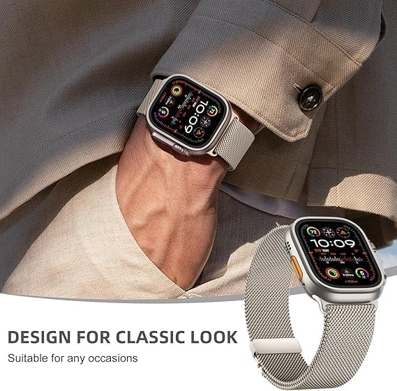 Image of GETSABLE Stainless Steel Mesh Loop Strap with Parachute-Style Buckle Compatible with iwatch Ultra 3 /2 /1 Band 49mm, Series 11 /10 46mm, 9 /8 /7 45mm, SE2 /SE /6 /5 /4 44mm (Natural Titanium)