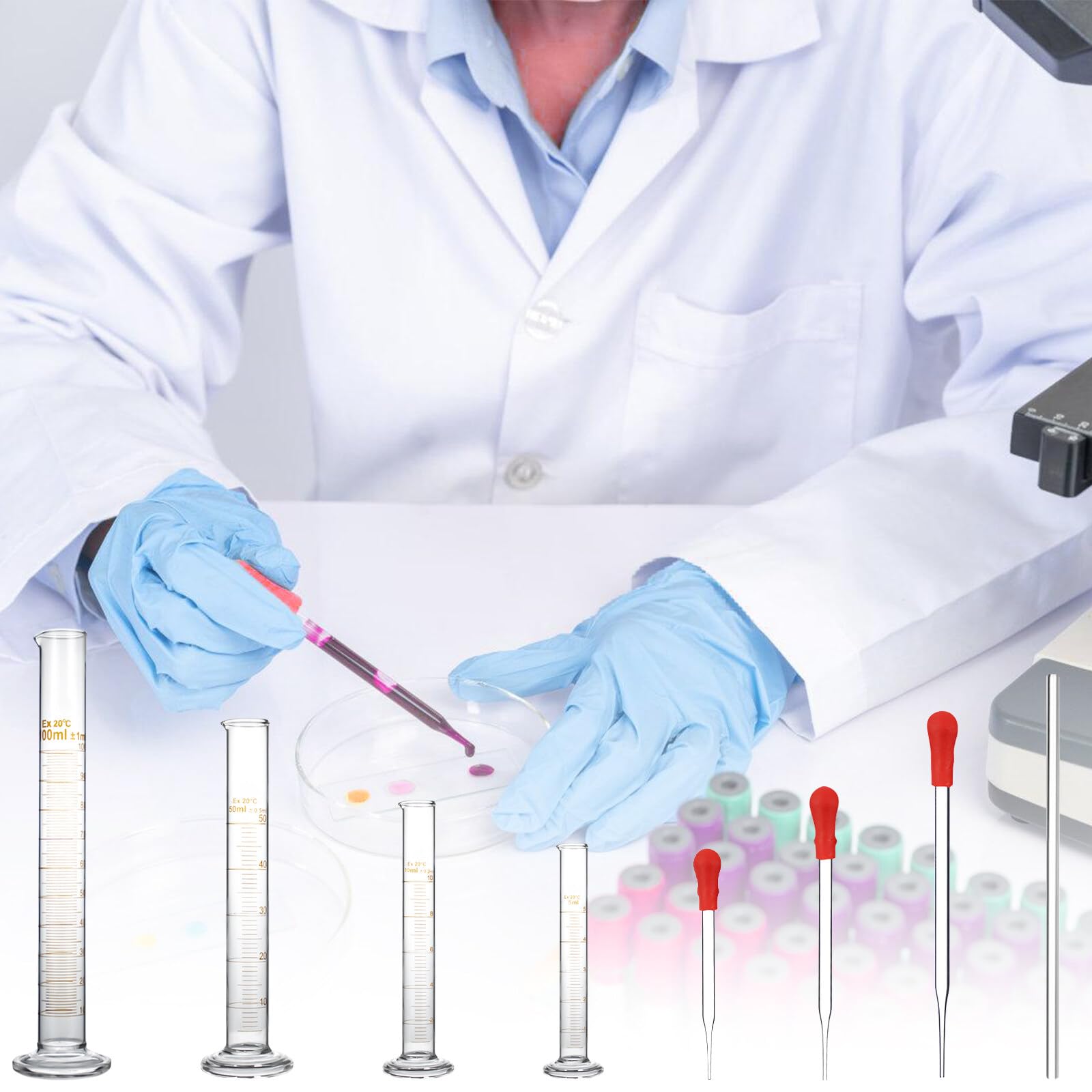 Erlenmeyer ZEEROQOLAB set met cilindrische glazen van glas, 4 maatbekers, 3 gegradueerde cilinders, 3 Erlenmeyer-stempels, met pipetten, roerstangen van glas en reinigingsborstels