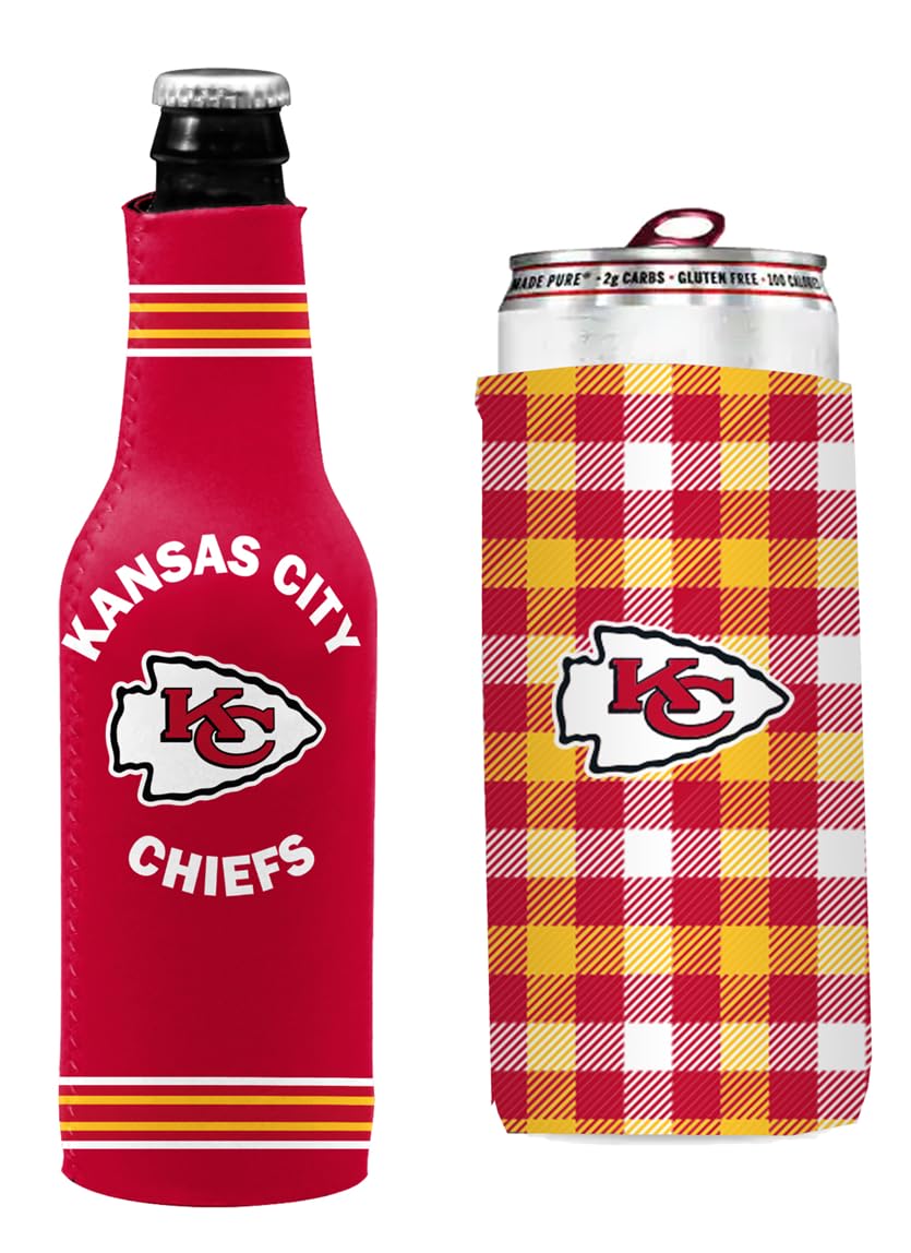 Kolder Football Can & Bottle Holder Insulator Beverage Huggie Cooler (Kansas City Crest/Slim Can (Chiefs)), Standard, KLDRSET2