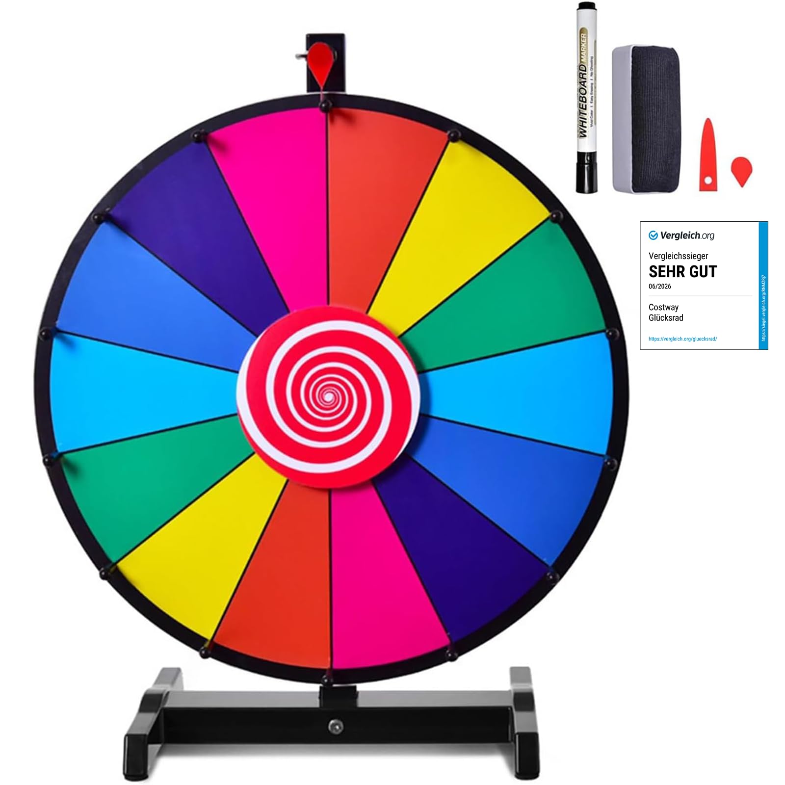 COSTWAY Ruleta de La Suerte, Ruleta de Juego con Soporte Que Puede Escribir y Limpiar con Pluma Borrable para Fiesta Juguete, Rueda de la Fortuna (24 Pulgadas)