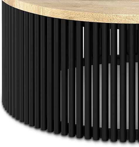 Miniatura 64 de SIMPLIHOME Demy - Mesa auxiliar redonda de metal y mango macizo de 18 pulgadas de ancho en color natural/negro, con parte superior de madera de