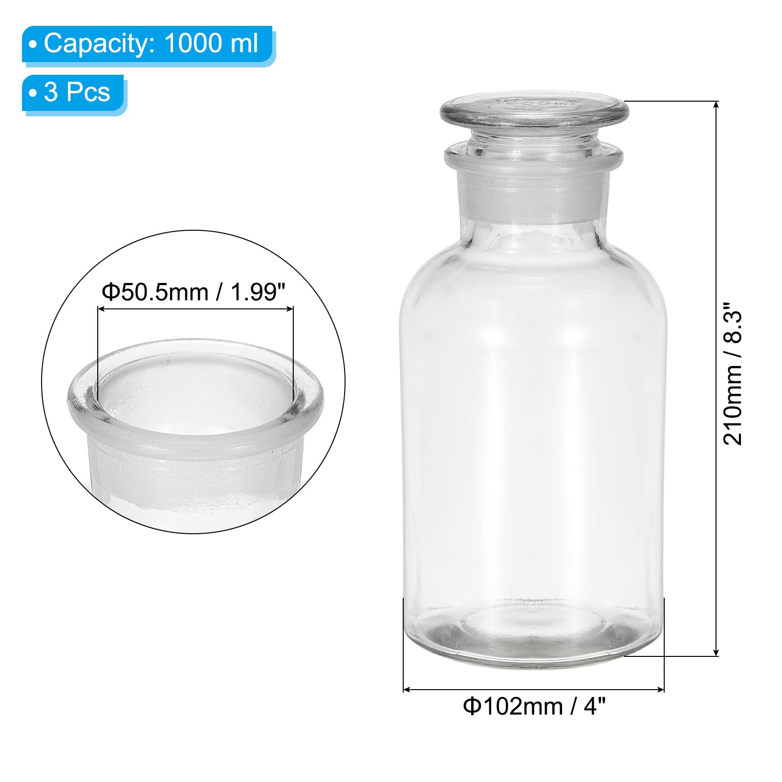 PATIKIL Flacon Réactif, 3 Pcs 1000ml Verre Large Ouverture Flacon Stockage Réactif Avec Bouchon Verre Rodé Pour Laboratoire Eau Réactifs Liquides, Chimie, Science, Vase, Parfum,