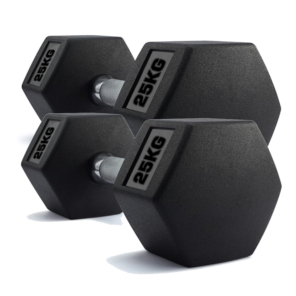 Hex Dumbbells Set Heavy Weights Hexa Dumbell Set Hexagonal Rubber Dumbbell with Metal Handles Anti-Rolling for Weight Lifting Bodybuilding Exercise Workout Strength Training Home (Black, 25kg Pair)