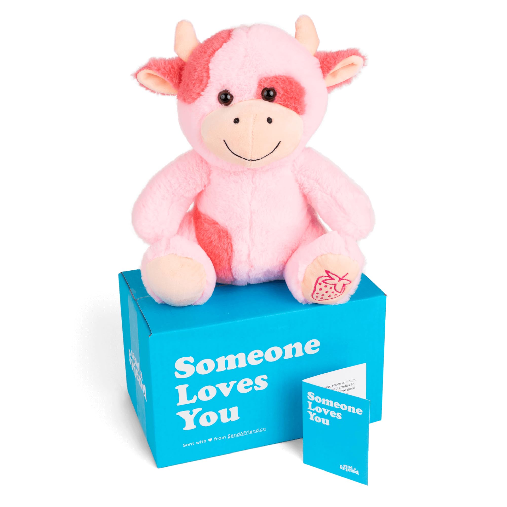 SendAFriend Sally The Strawberry Cow Stuffed Animal Care Package, Someone Loves You Box, Great Gift for Any Reason (Love You Notecard)