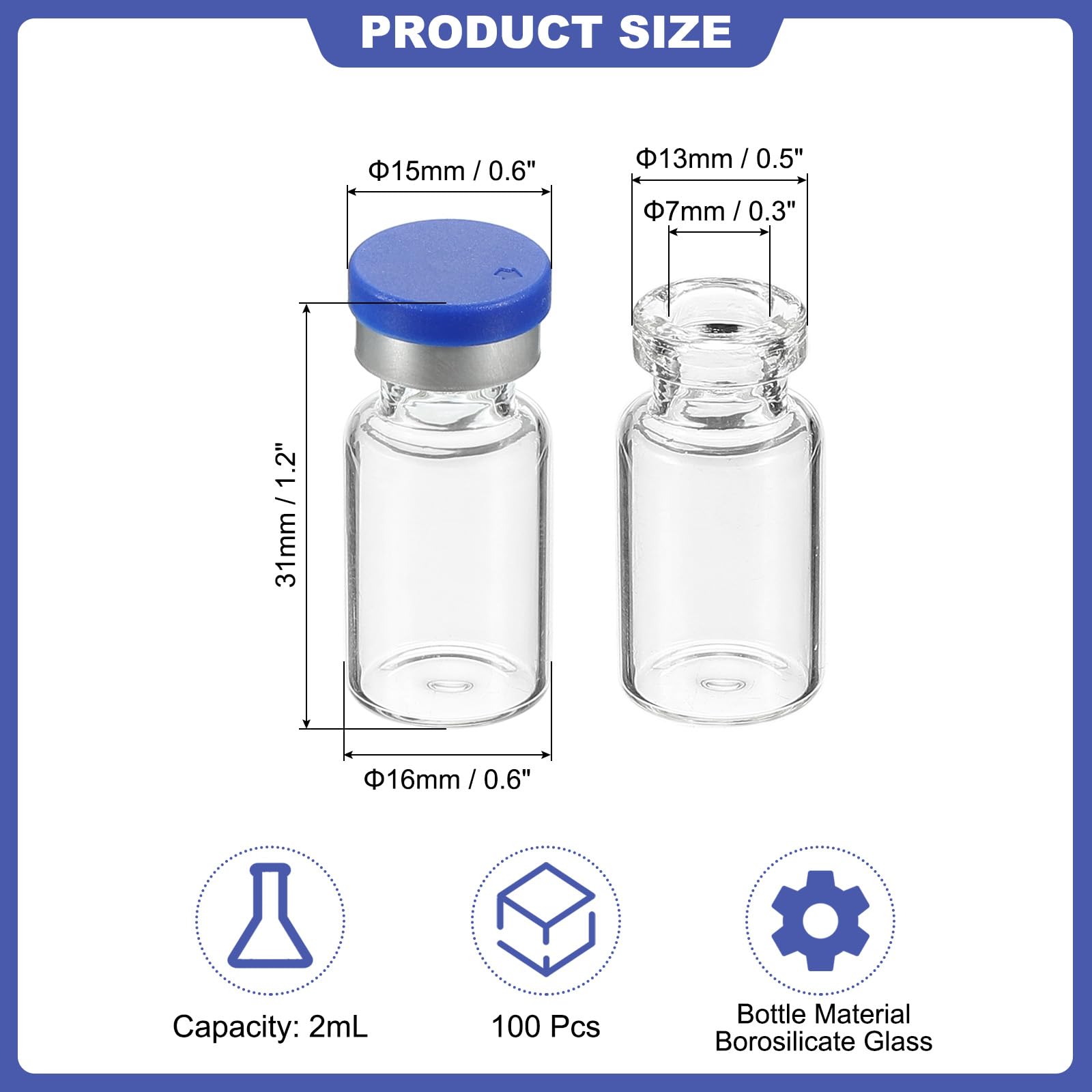 PATIKIL 2ml Probengefäße, 100er Pack Lab Leere Vials mit Butylkautschukstopfen Crimp Top Caps und Etiketten Borosilikatglas Vial, Klar