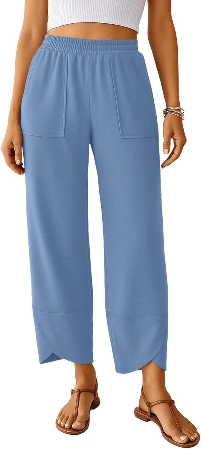 NILOUFO Womens Baggy Wide Leg Pants Casual Elastic High Waisted Palazzo Harem Trousers with Pockets Lounge Loose Comfy Pants