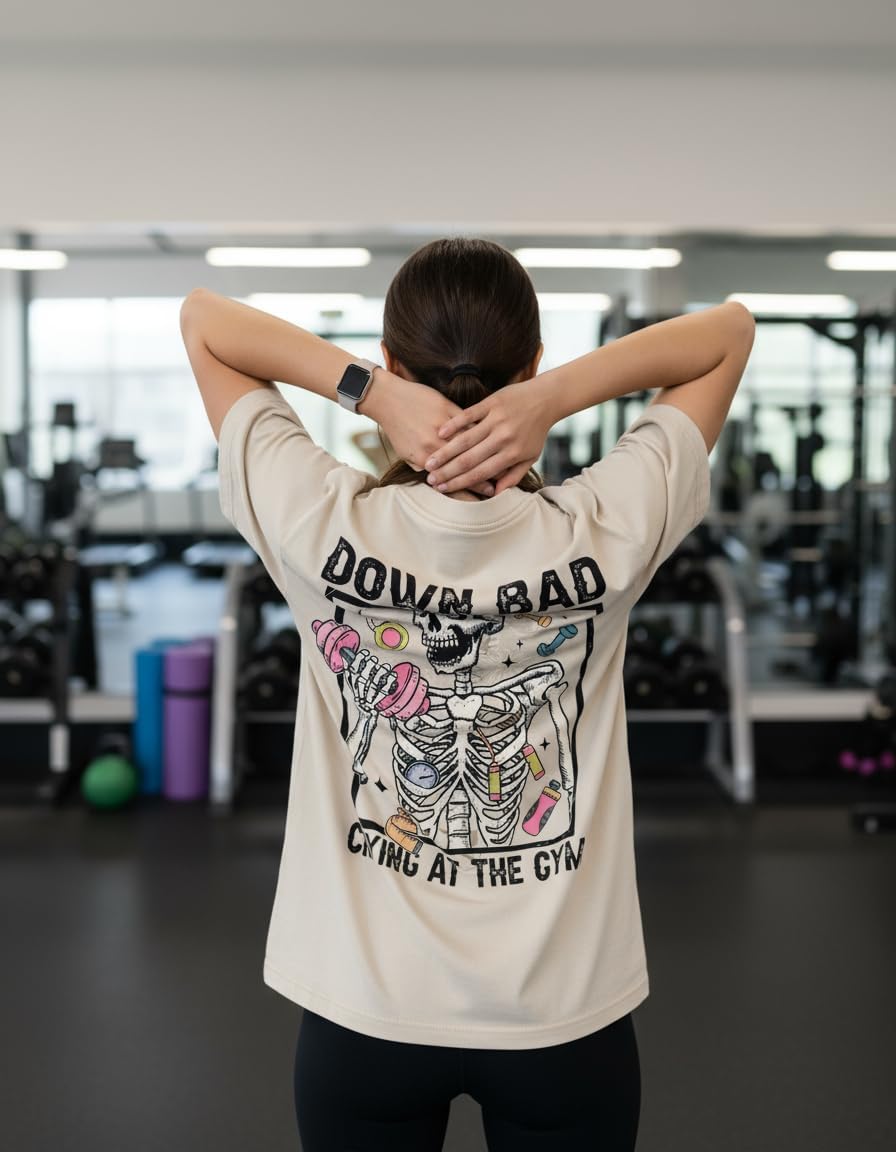 Funny Gym Shirts for Women-Down Bad Crying at The Gym - Novelty and Fun Design, Washed Heavyweight Cotton Gym t-Shirt