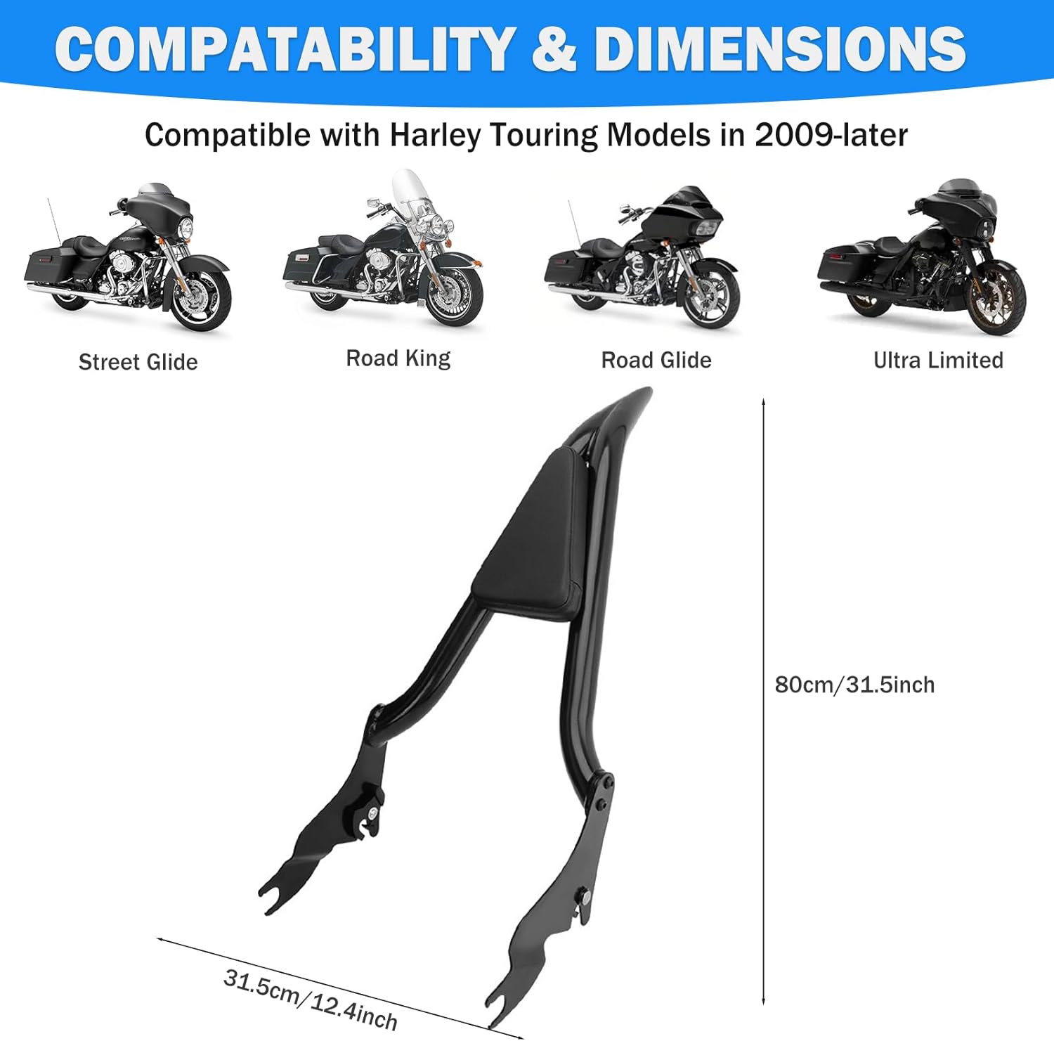 Detachable Sissy Bar Passenger Backrest Compatible with 2009-2024 Harley Davidson Touring Street Glide Road King Electra Glide Ultra Limited, 30“ Chrome Quick Release Sissy Bar with PU Leather Pad