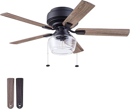 Prominence Home MaCenna, 52 Inch Traditional Farmhouse Indoor Flush Mount LED Ceiling Fan with Clear Glass Light, Pull Chain, 5 Reversible Dual-Finish Blades - 51663-01 Matte Black