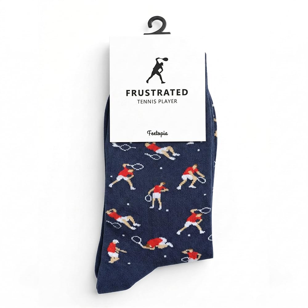 Socks with Frustrated Tennis/Pickleball Player/Drinker Design, Novelty Cotton Screw Socks for Men, Size 8-13