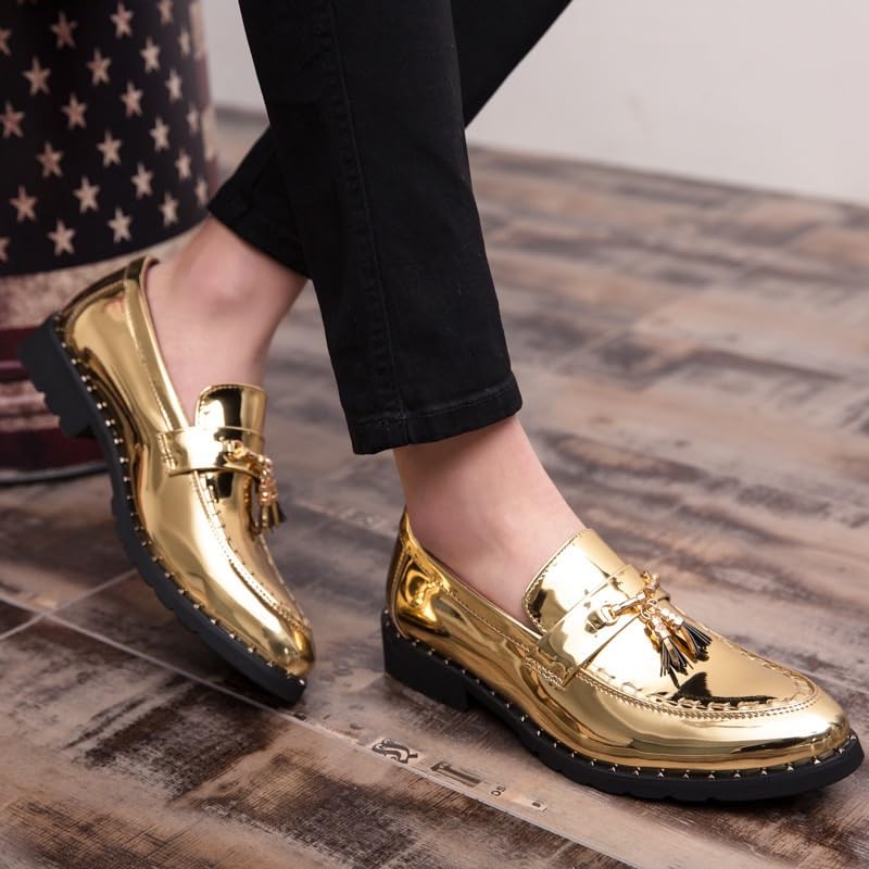 Rivets Dress Shoes for Men Fashion Prom Classic Party Anti-Slip Rubber Sole Slip Resistant Block Heel Shoe Burnished Leather Slip-on Plain Toe(Gold,6.5)2