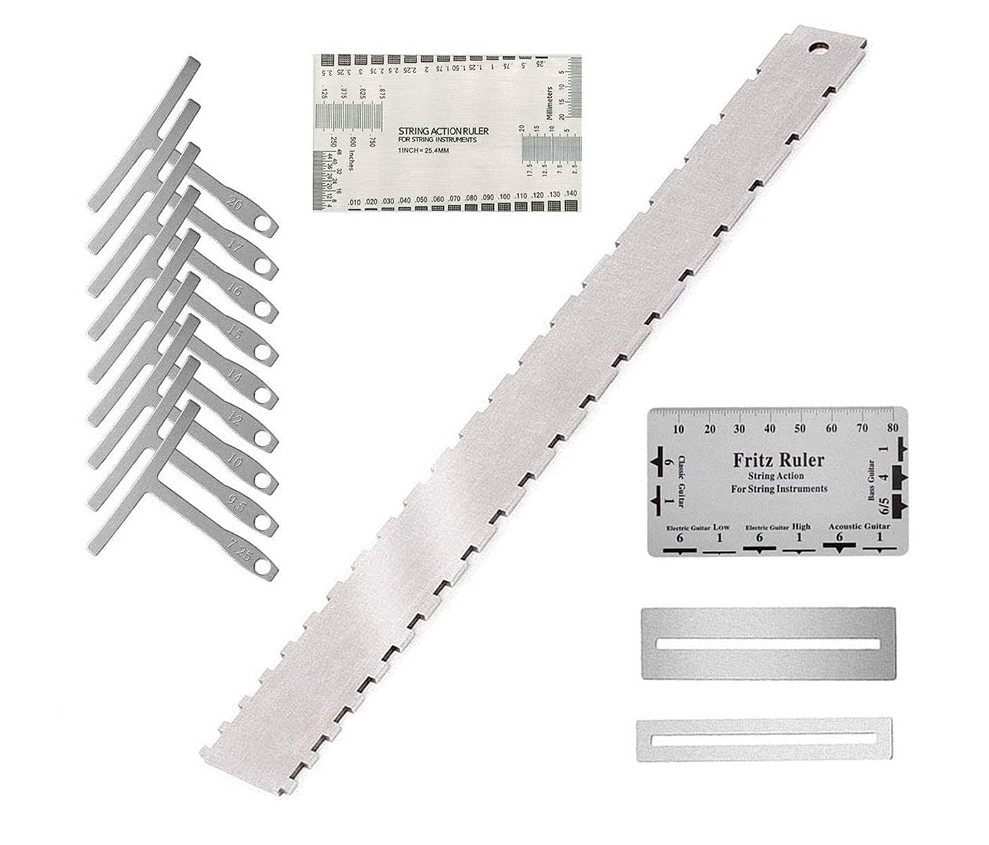 Guitar Neck Notched Straight Edge with 9 Understring Radius Gauge, String Action Gauge Ruler and Fritz Ruler, 2 Fingerboard Fret Protector Guards for Gibson 24.75" and Fender 25.5" Electric Guitars