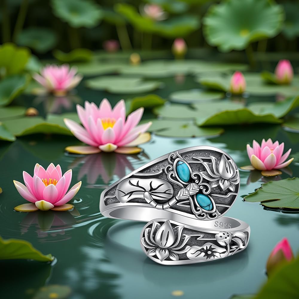 Sterling Silver Dragonfly Ring 925 Lotus Ring for Women Lotus Flower Jewelry Dragonfly Gifts for Women Mom Men - Image 4