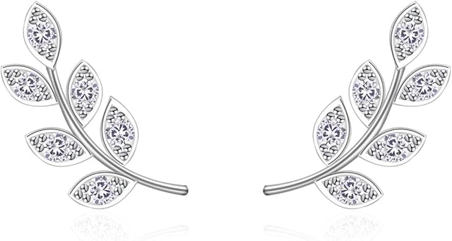 QUKE 925 Sterling Silver Cubic Zirconia Crystal Leaf Shape Pierced Stud Earrings For Women Girls