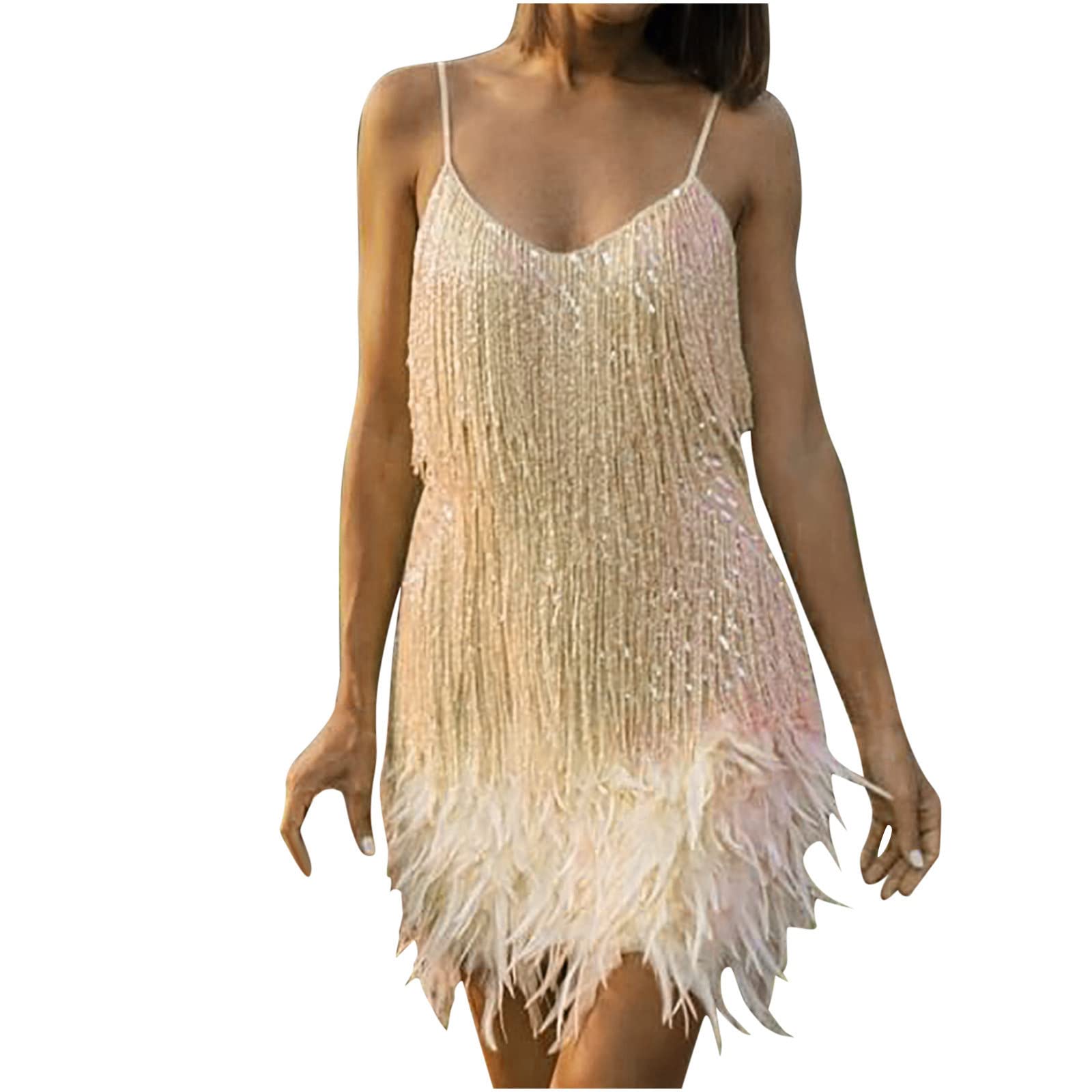 NUSGEAR 2022 Vestidos Corto para Mujer, Moda Fiesta Borla Pluma Lentejuelas Vestido Slim Fit Vestido de Noche de Cóctel Vestidos sin Manga Vestir Sexy Latino Cuello en V Elegante cómodo Casual Playa vacación