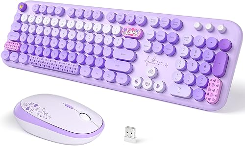Miniatura 11 de Combo de teclado y mouse inalámbricos retro, teclado de oficina de tamaño completo SQMD con teclas redondas coloridas, mouse silencioso de 2.4G para