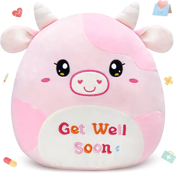 CozyWorld 12" Get Well Soon Cow Plush Stuffed Animals Original Plushie Soft Recovery Gift for Girls Woman Encouragement Pink Pillow for Post-Surgery and Illness