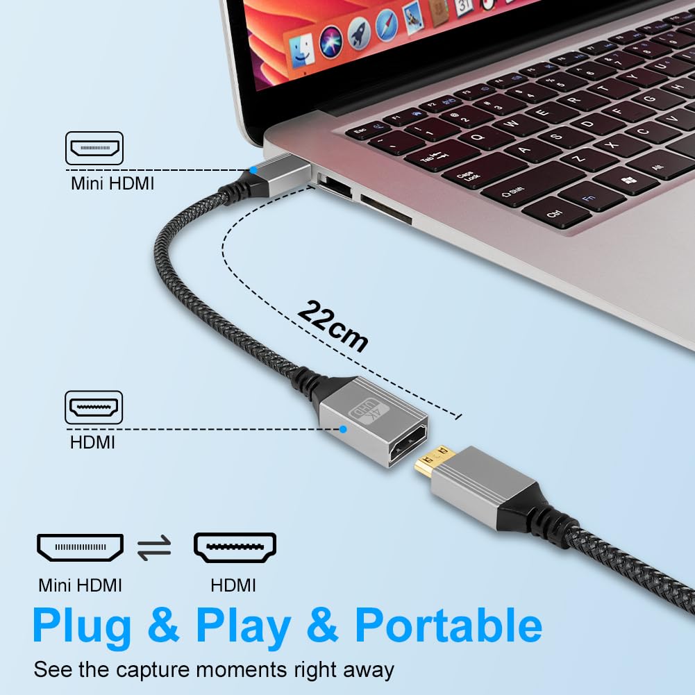 AXFEE Mini HDMI vers HDMI Câble 20cm, 4K 60Hz Mini HDMI Mâle vers HDMI Femelle, en Charge Ethernet,UHD,3D,HDR,Arc,Compatible avec Nikon D7100 Canon EOS RP/R