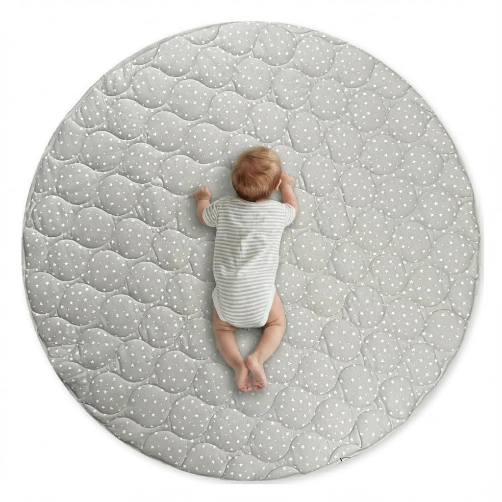 Byrd & Blume Round Baby Play Mat, Reversible Quilted Organic Cotton, Soft Circle Nursery Rug, Non Toxic, Foldable Portable, 40 Inch, Gray Stars/Solid Gray