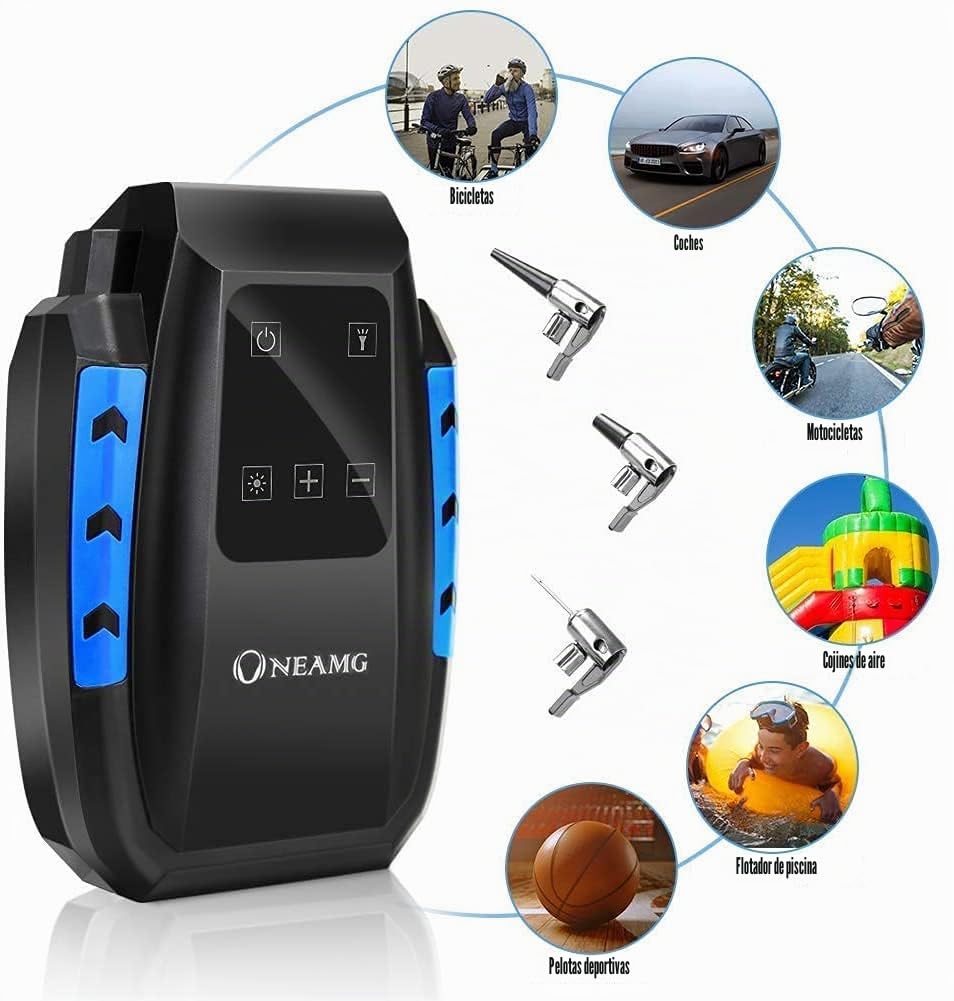 Compresor de Aire Eléctrico Portátil Alimentado con Manómetro 12V con LED Luces de Emergencia para Hinchar Neumático de Moto Coche y Bicicleta (Negro)