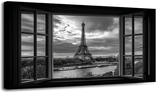 Miniatura 9 de 24"x 48" Canvas Wall Art Fake Window Vintage Travel Eiffel Tower Architecture Paris France Framed Pictures Painting Prints Large Wall Art for Living