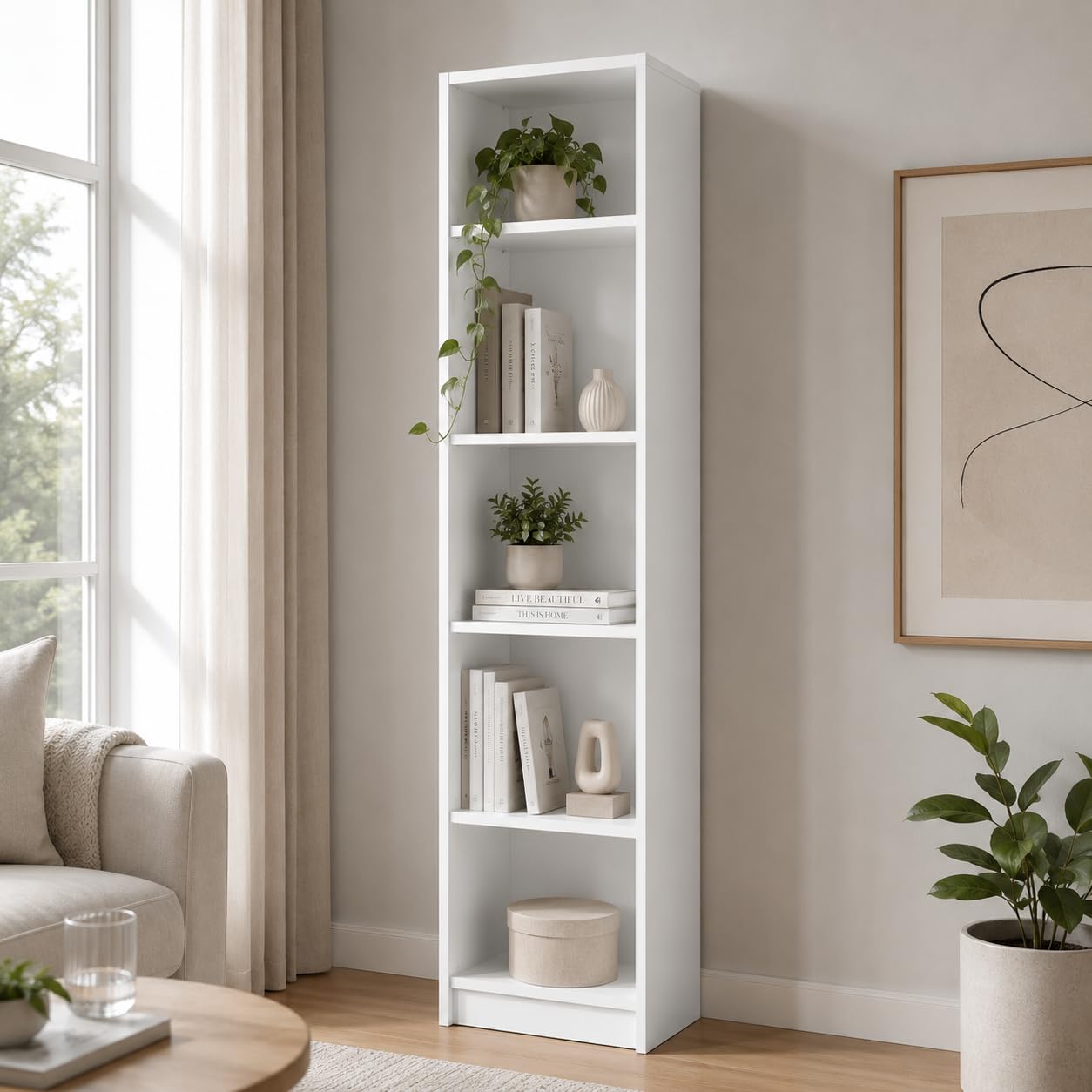 Librería blanca alta y estrecha 50x31x183 cm estantería libros con 5 baldas | La estantería de tablero melaminado ofrece espacio para libros, almacenaje y decoración en salón, dormitorio u oficina