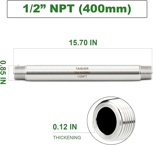 Miniatura 474 de TAISHER 2 accesorios de tubería de acero inoxidable, 1/2 "NPT x 1/2" NPT macho roscado, tubo fundido de pezón de 6 pulgadas de longitud 1.969 in
