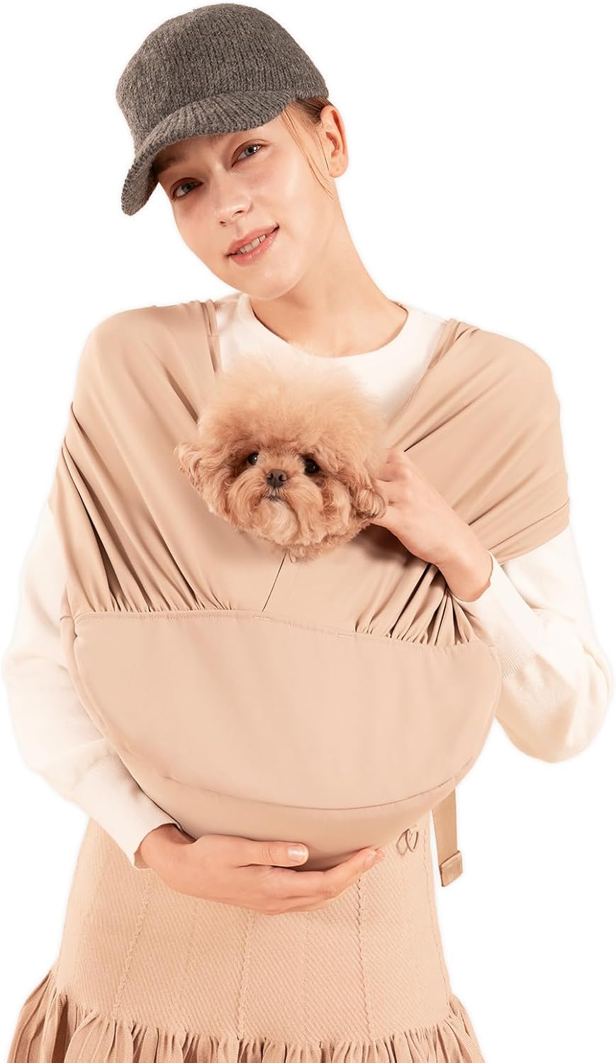 Harryspet Feelaty Dog Sling Carrier for Small Dogs - Comfortable Yoga Fabric, Elastic Fit - Portable Pet Sling Carrier for Dogs 0-12 lbs - Perfect Puppy Sling for Travel and Daily (Beige, Large)