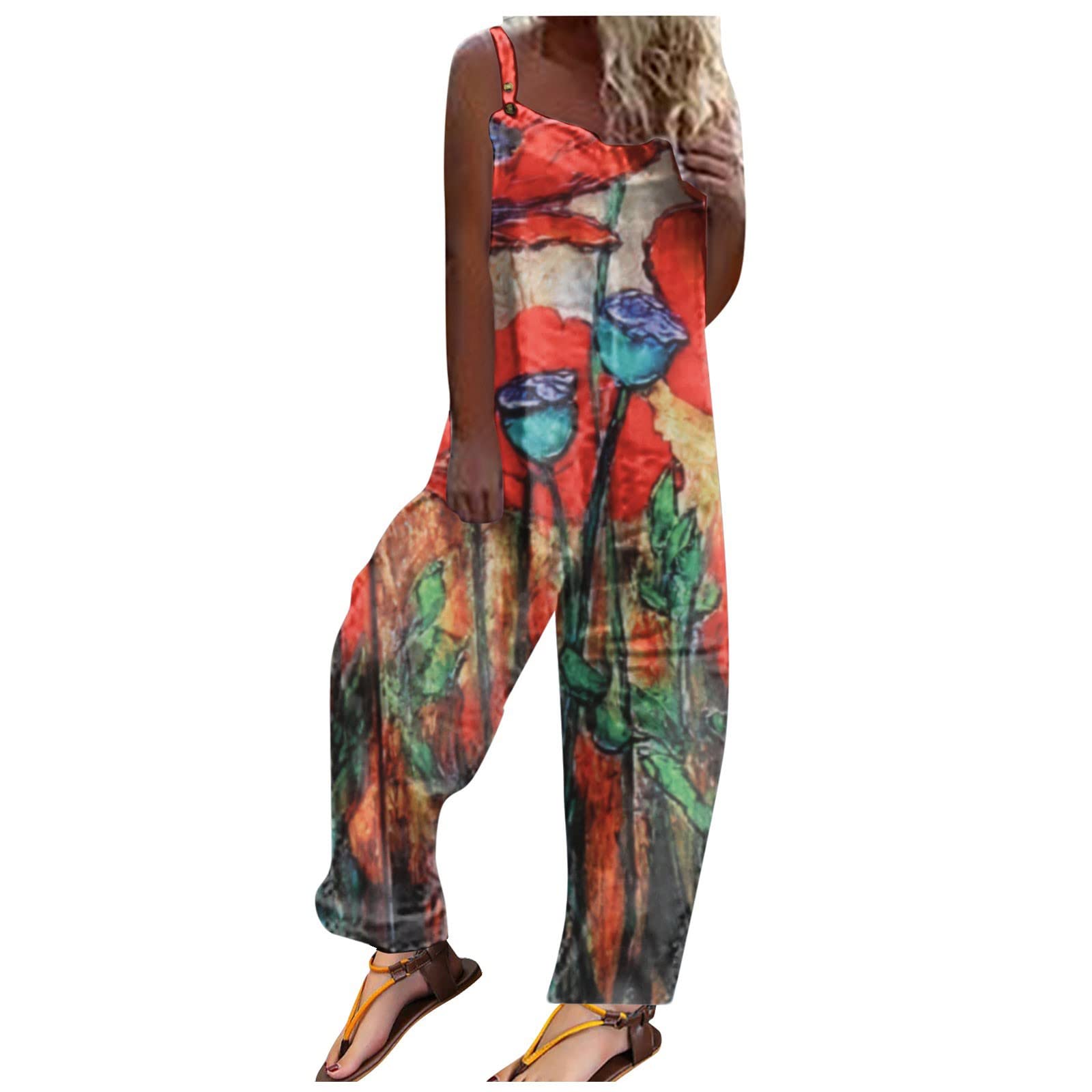 Elasticated Slacks Womens Big Travel Romantic Summer Plus Size Flowere With Pockets Cosy High Waisted Polyester Overall Womens Brown,Pink,Orange