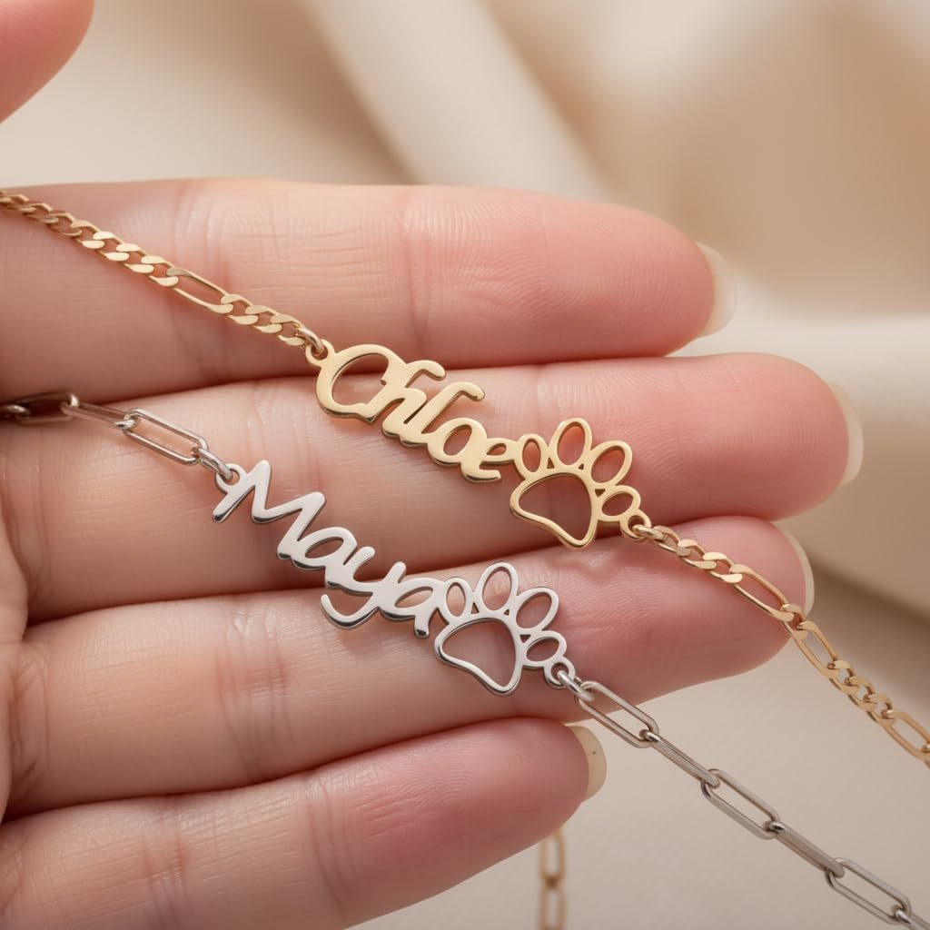 Sterling Silver Custom Name Bracelet with Paw Charm – Sterling Silver or 14K Gold Plated Personalized Pet Lover Jewelry for Women – Adjustable Curb Chain Bracelet