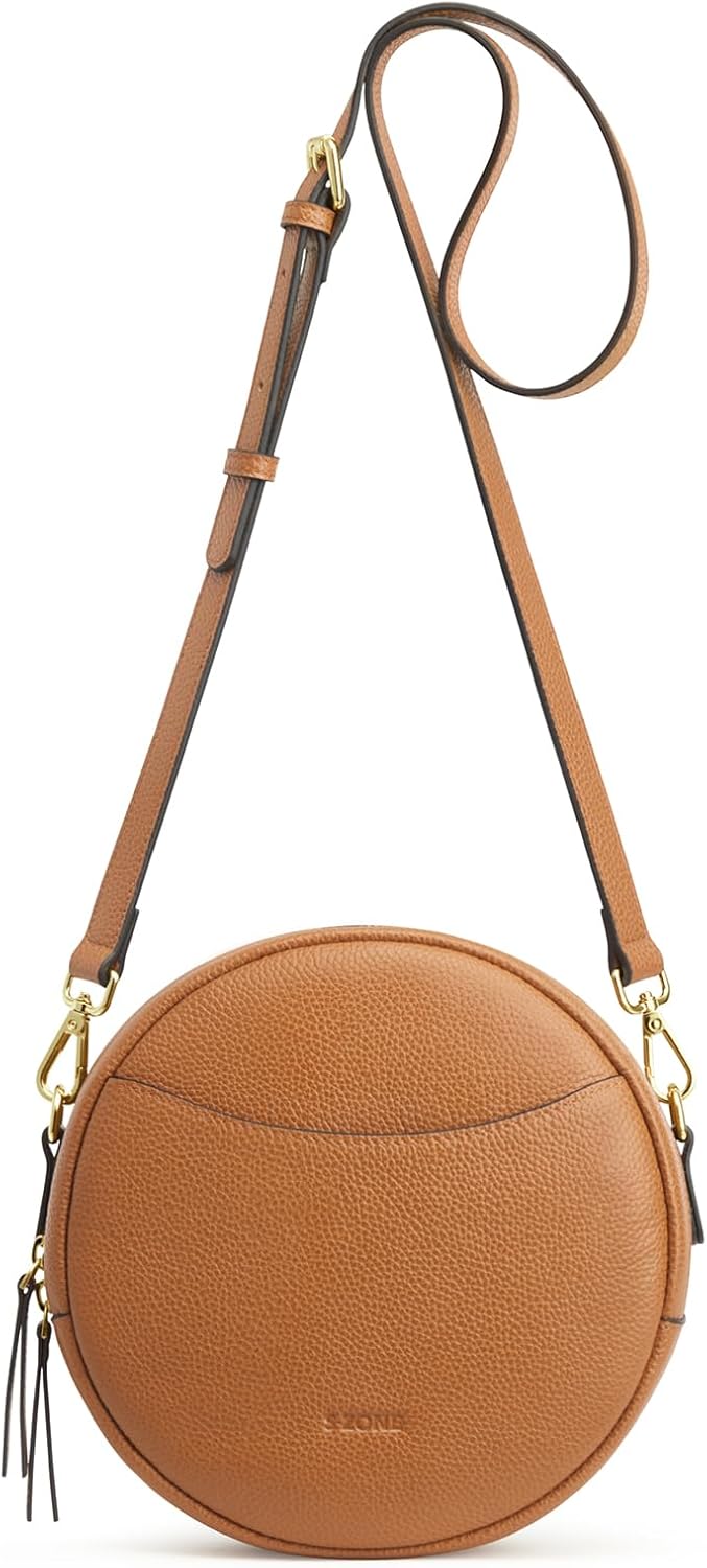 S-ZONE Leather Crossbody Bags for Women Vintage Circle Shoulder Purse Trendy Round Handbag with Adjustable Strap - Image 7
