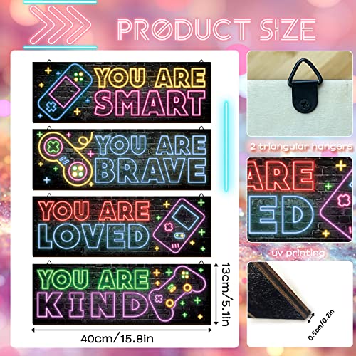 YLOLUL 4 Pieces Neon Gaming Decor for Boys Room Wooden Video Game Wall Art Print 15.7 X 5.1 Inch Motivational Quote Gamer Hanging Plaques Wall Decor for Boys Kids Room Bedroom Playroom Decorations - Image 3