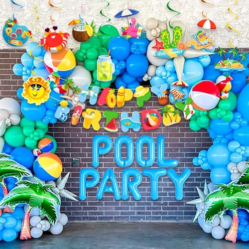 Image of Summer Pool Beach Hanging Swirls 9 Pack Ceiling Hanging Swirls Pool Party Balloons Swimming Pool Birthday Party Banner Beach Party Balloons