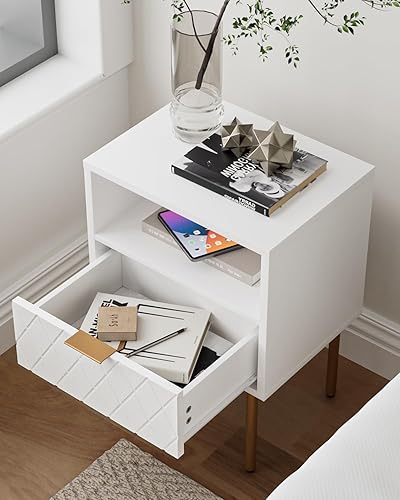 Miniatura 7 de Mesita de noche, mesita de noche pequeña con cajón, mesita de noche blanca, muebles de noche, mesa auxiliar con marco dorado, cómoda con cajón para