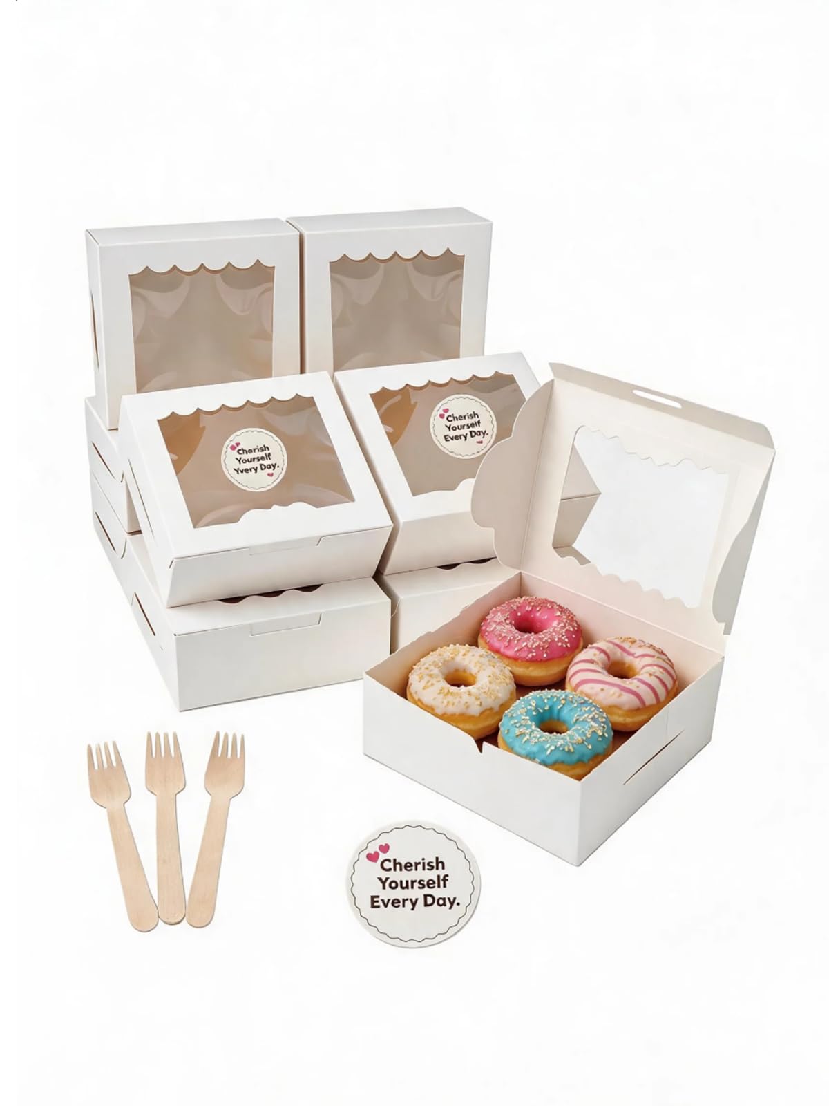 HAIYIPEIZENG Cake Boxes,50 Set White Bakery Packaging Kit,Includ 50 Pcs 13.5x13.5x5cm Cupcake Boxes 50 Wooden Spoons,50 Stickers,for Cookies & Cupcakes Home Coffee Shop Bakers — image 1