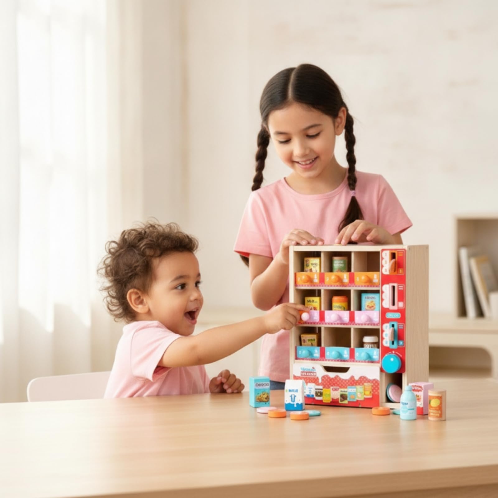 Kinder Verkaufsautomat Holz Spielautomat Snackspender Spielzeugautomat Inklusive Spielmarken Behälter Flasche Becher Schublade für Frontfächer für Rollenspiele Lernspiele Kinderzimmer