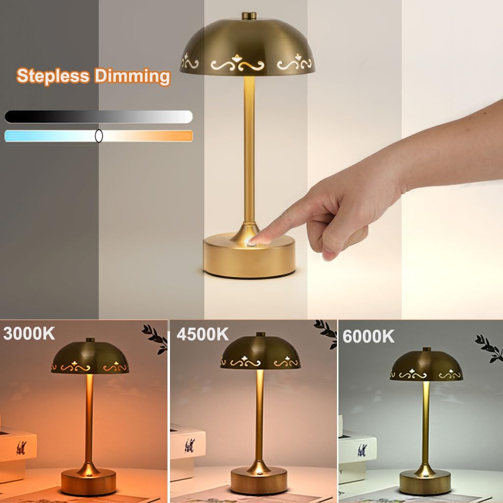 EaEa LED Kabellose Tischlampe Akku, USB Aufladbar Tischleuchte Kabellos 3 Farbtemperatur, Touch Nachttischlampe Dimmbar, Metall Leselampe mit Batterie für Schlafzimmer Restaurant Wohnzimmer,Gold