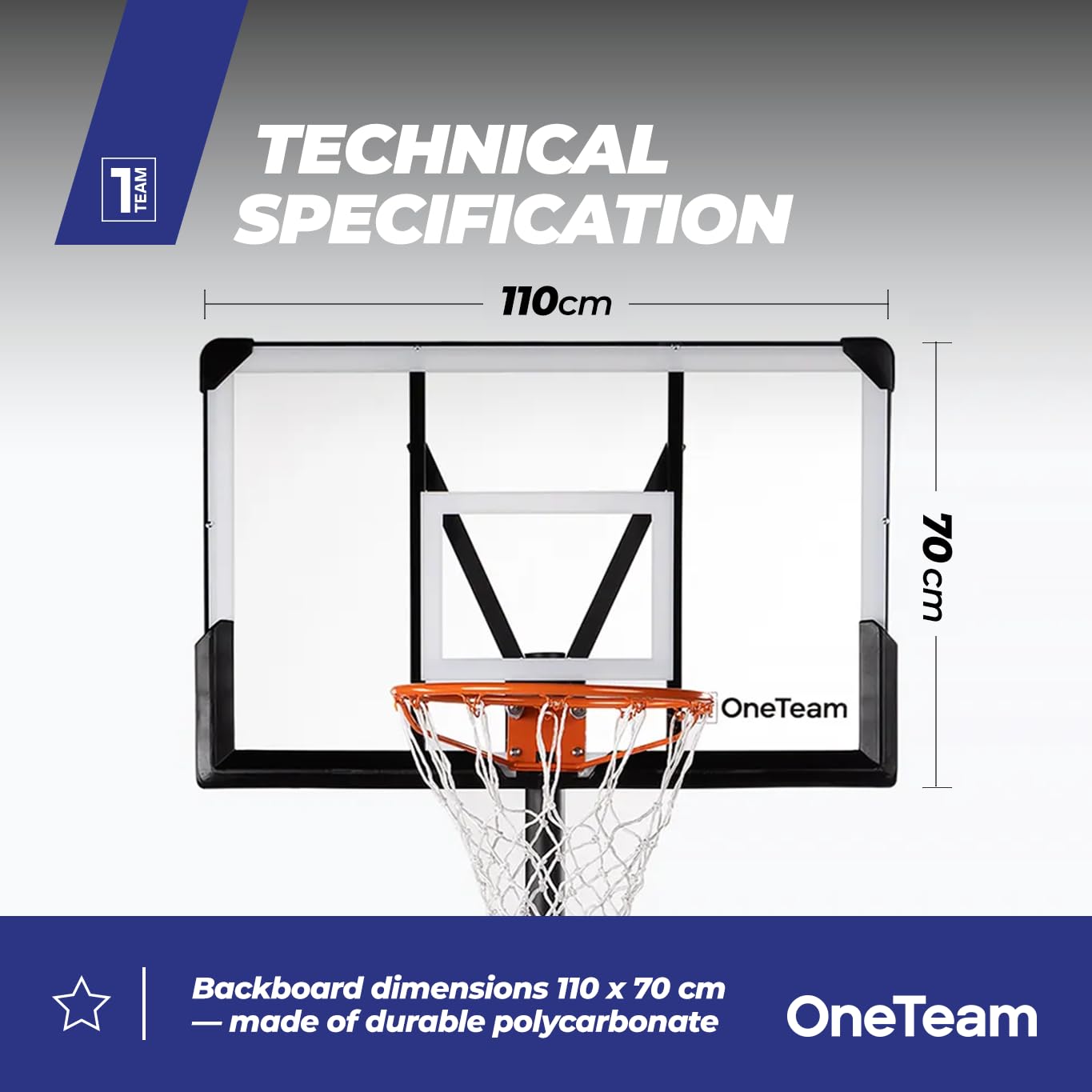 OneTeam Basketball BH04 Schwarzer Basketball Verstellbar Freistehend mit Transportrollen Haltbares PC Material Stabiler Sockel mit 140 L Fassungsvermögen mit Brett und Gitter