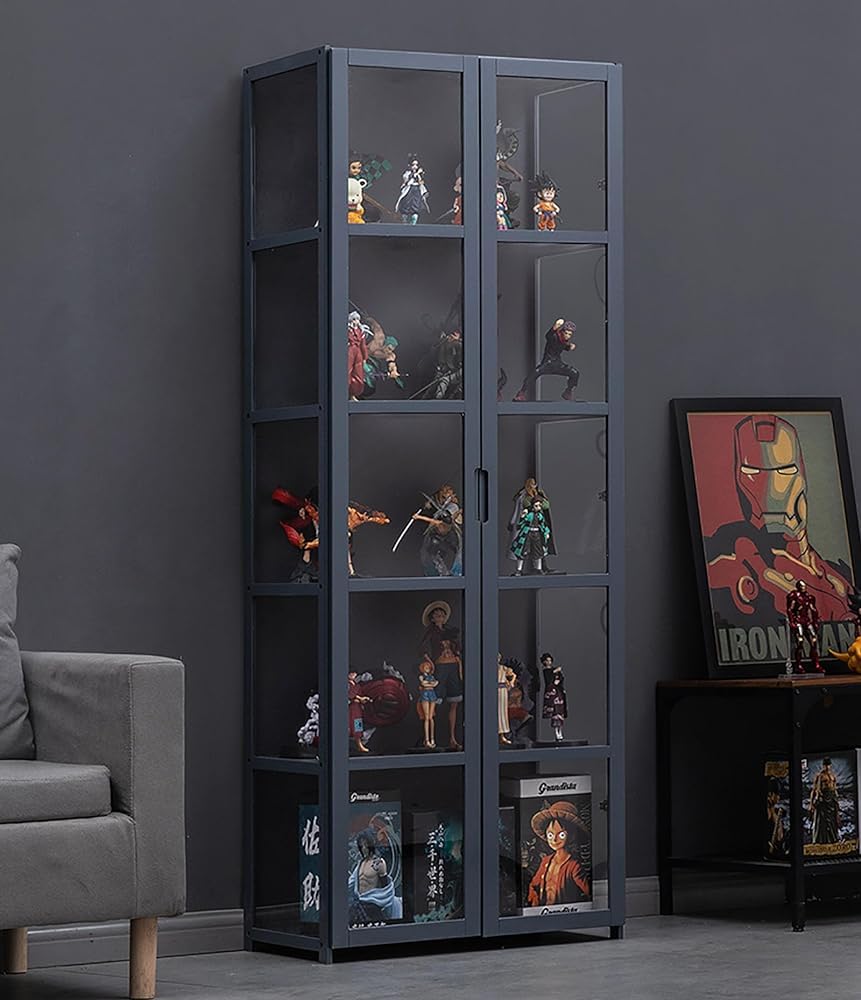 Armadietti curio con ante in vetro vetrina, vetrina curio con telaio in bambù naturale, sicuro e sano, design a doppia anta per una comoda conservazione (dimensioni: 32,5 N/82 cm/5F, colore: grigio