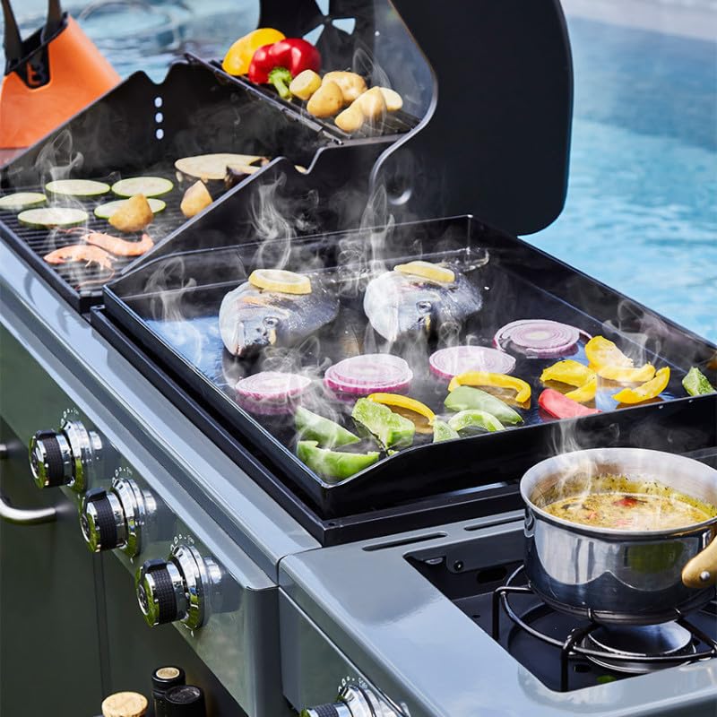 BRASERO BY FAVEX – Bi‑Energy Gun Metal – Plancha gaz & barbecue charbon avec brûleur latéral – 12,95 kW – Plaque fonte émaillée 60 x 42 cm – Grille fonte – Jusqu'à 14 convives – Certifié LONGTIME