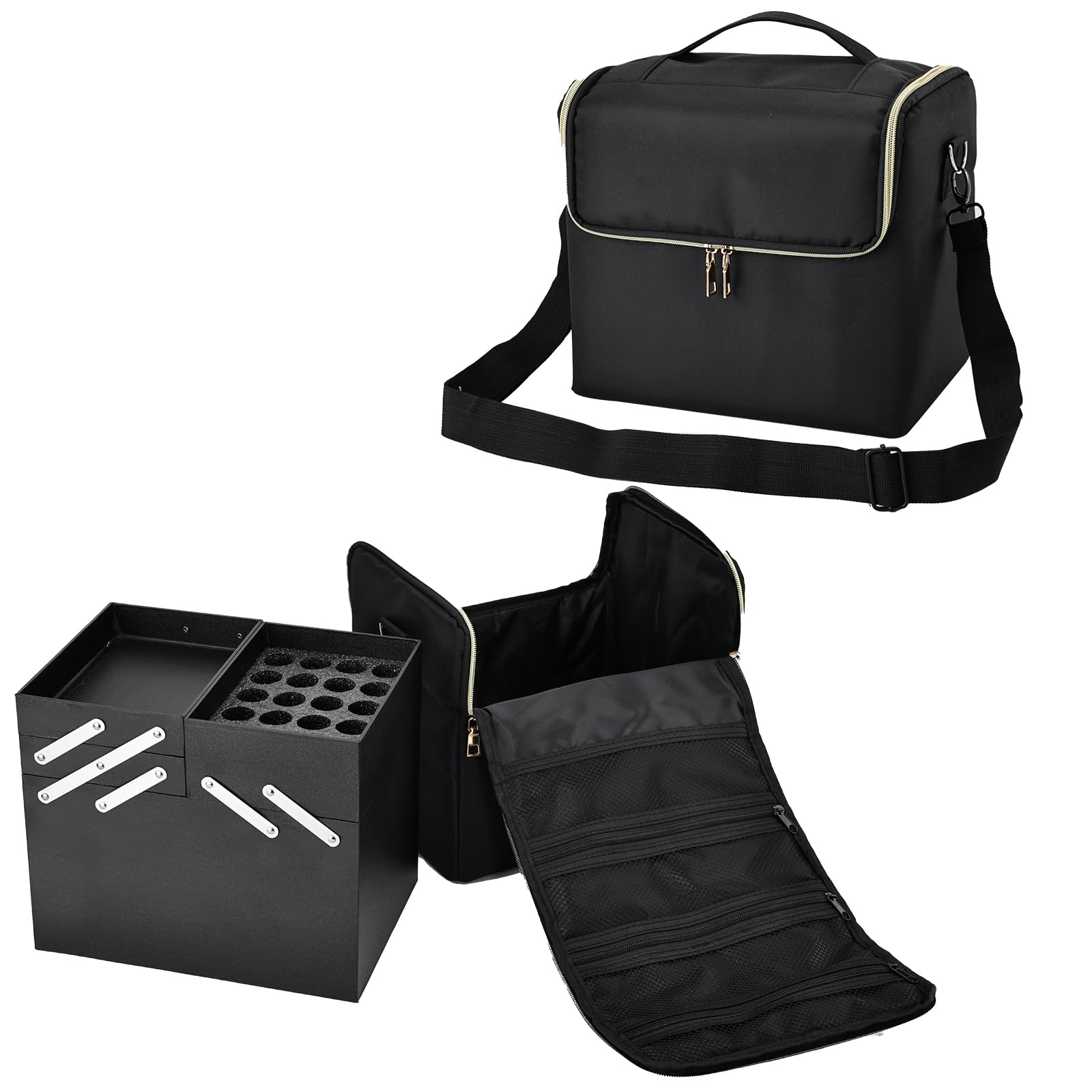 Joligrace Make-up-Tasche Kosmetiktasche Kosmetikkoffer Nagellack Organizer mit Schultergurt, Schwarz , Extra Large