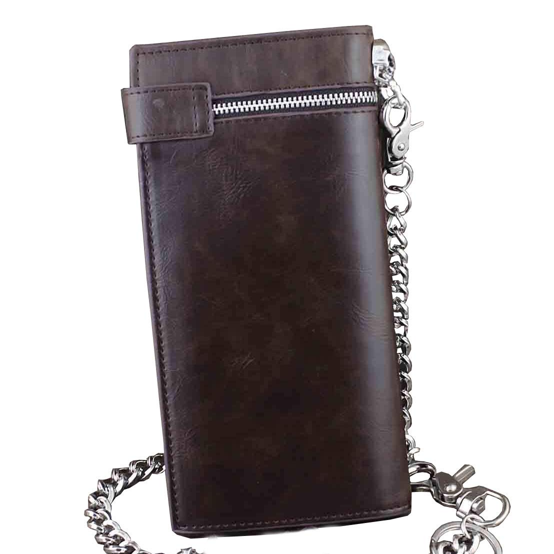 crazy hunter Punk Rock Skull Cross Mens Leather Long Card Money Wallet Purse With Chain Brown