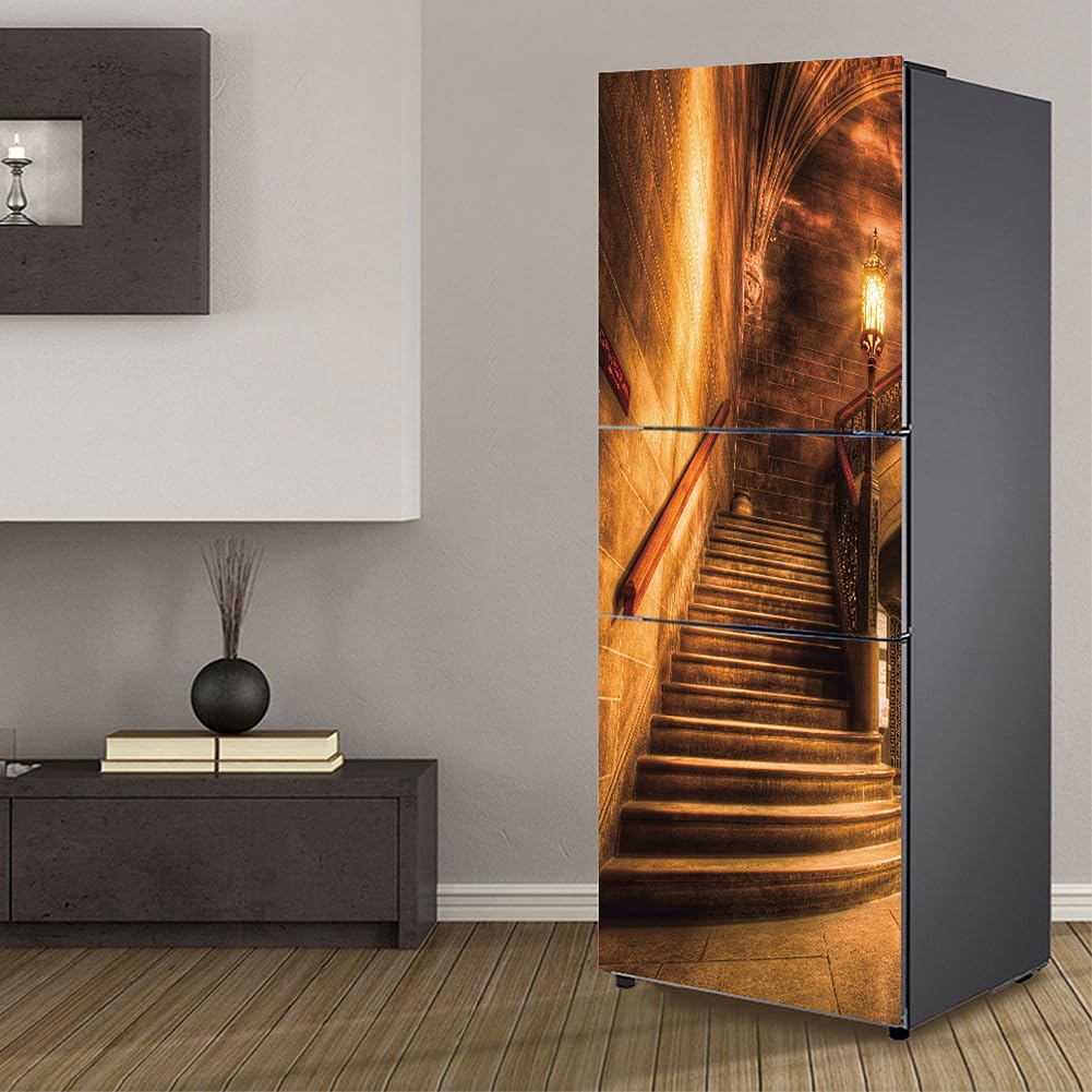 Fridge Sticker, Fridge Sticker Full Covering Door Covers Skins Wall Stickers for Kitchen Decal, Retro Castle Stairs(M: 60x180 cm)