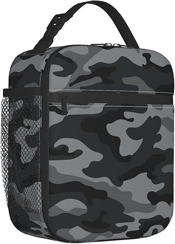 Miniatura 2 de Gbuzozie Bolsa de almuerzo de camuflaje militar, portátil, reutilizable, negro y gris, con cremallera, para picnic, trabajo, oficina, viajes, escuela