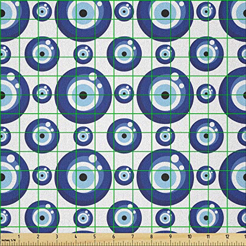 Image of Ambesonne Evil Eye Fabric by The Yard, Symmetrical Pattern All Seeing Eye Superstitious Turkish Ethnic, Microfiber Fabric for Arts and Crafts Textiles & Decor, 1 Yard, White Blue