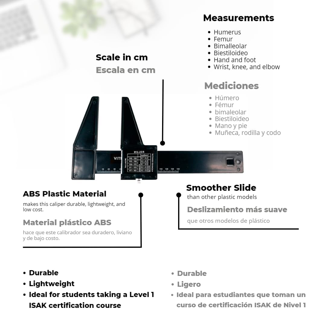Kit Antropometrico Basico AnthroFlex con Plicometro Slim Guide, Cinta Metrica Antropometrica Lufkin W606PM, Manual con Tablas para Medir y Calcular Grasa Corporal, Alta Precision (Negro)