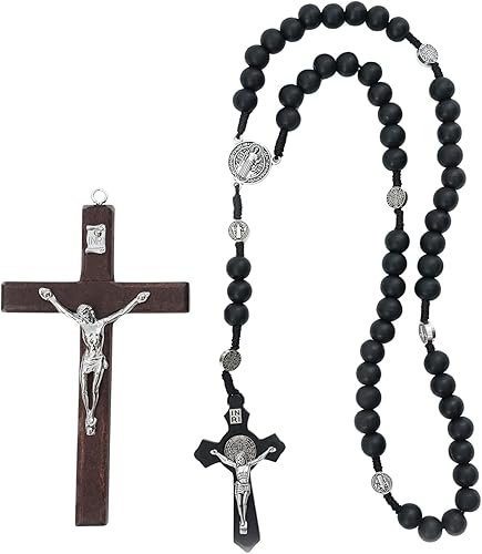 MelinSam Cruz de pared de crucifijo, cruz católica hecha a mano con cuentas de rosario de madera, collar con colgante y piedras inspiradoras de