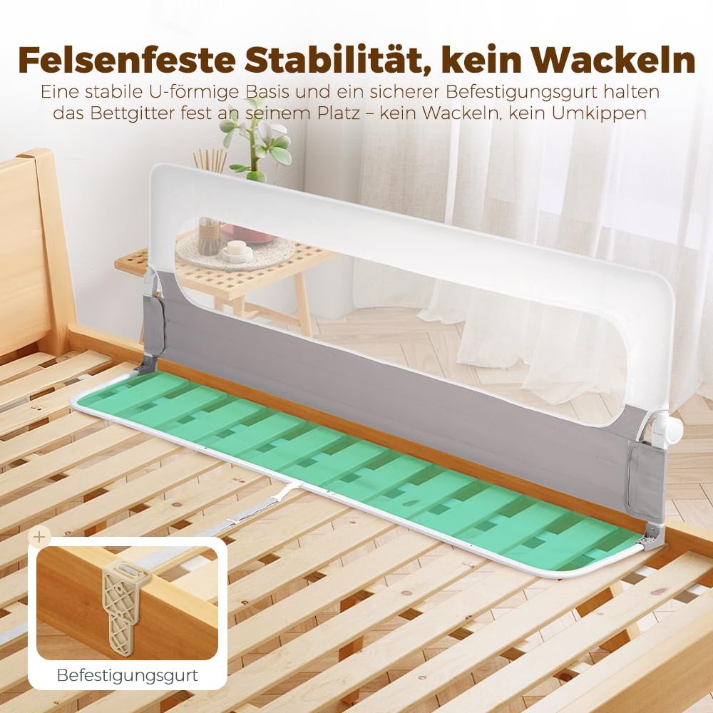 Playpals Baby Bettgitter 150 cm, faltbar & Aufgerüstete U-förmige Basis | 60 cm Höhe stoßfest, Knopf zum Zusammenklappen für den Zugriff, fester Ankergurt, für Queen-, King-, Twin- und Doppelbett