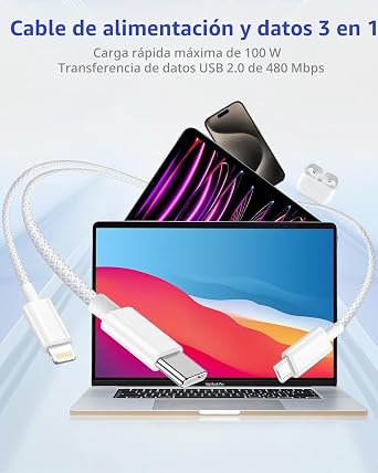 Multiple Charger Cable 1.2M, CabLe USB C Fast Charging PD 100W Braided 3 in 1 CabLe iPhone with Lightning Cable / Micro USB/Type C Fast Charging for iPhone 17 16 15 14 13 12, Android, Huawei, Samsung