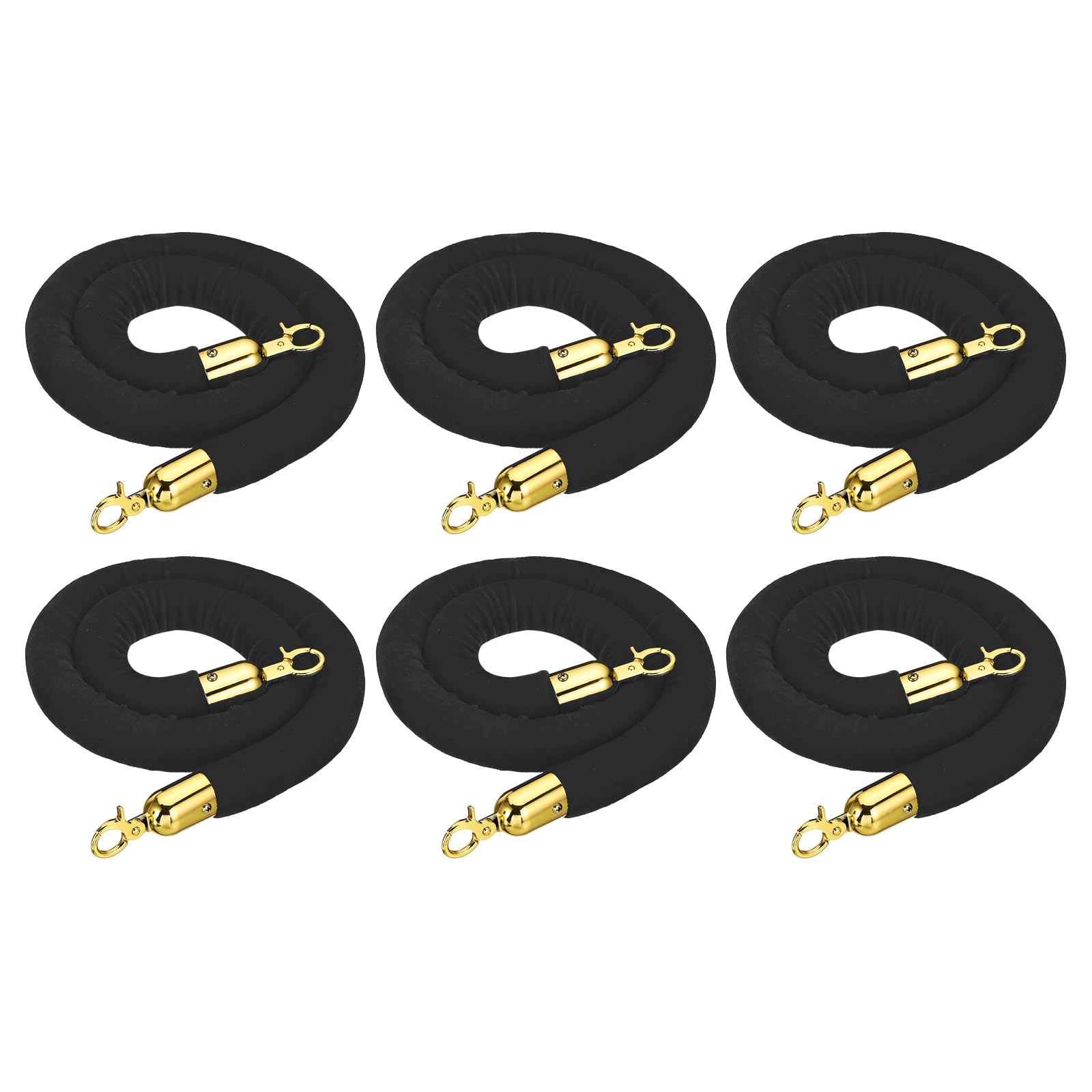 PATIKIL 4 Feet Black Velvet Stanchion Rope, 6 Pack Crowd Control Barrier Rope with Snap Hooks for Posts Stands Queue Divider of Hotel Theater, Golden